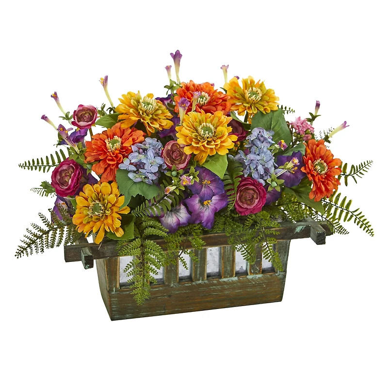 14" Mixed Floral Arrangement in Rectangular Wood Planter