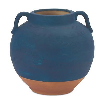 7" Navy Ceramic Urn Vase with Terra Cotta Accent