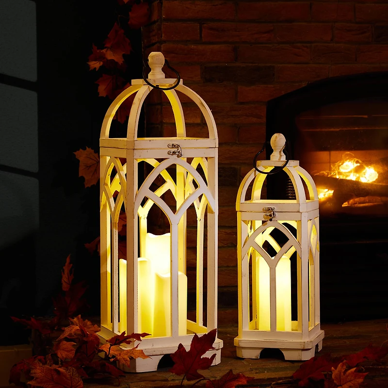 Glitzhome® Wash White Farmhouse Wooden Church Window Frame Lanterns, 2ct.