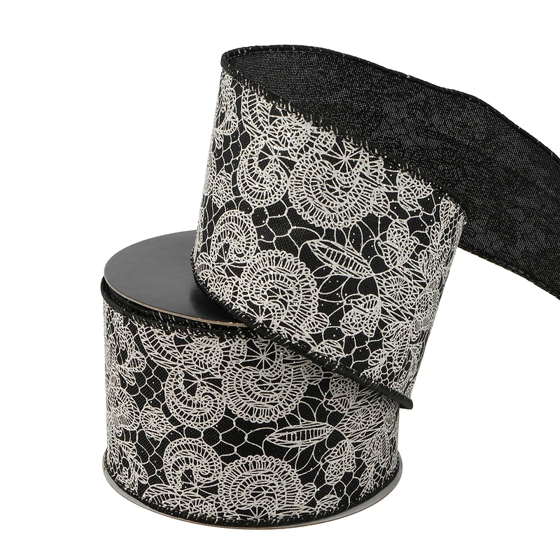 2.5" x 20ft. Black & White Wired Floral Lace Ribbon by Celebrate It® Halloween