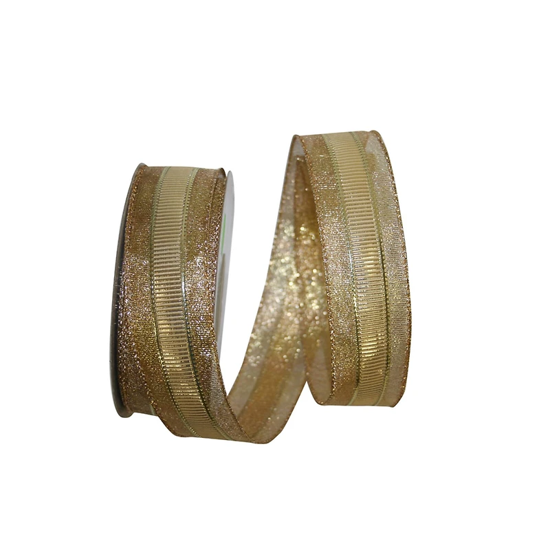 JAM Paper 1.5" x 20yd. Gold Ridged Stripe Overlay Wired Edge Ribbon