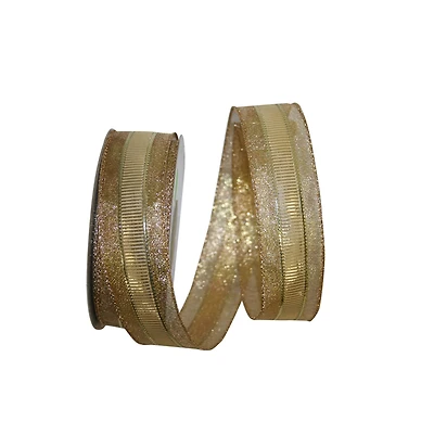 JAM Paper 1.5" x 20yd. Gold Ridged Stripe Overlay Wired Edge Ribbon