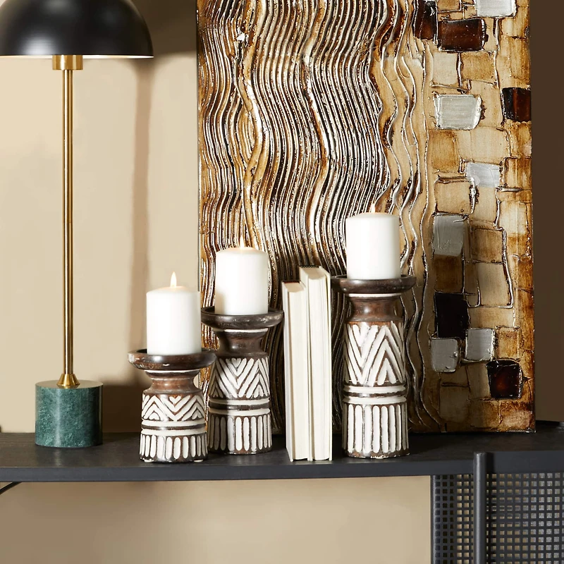 White Mango Wood Tribal Pillar Candle Holder Set