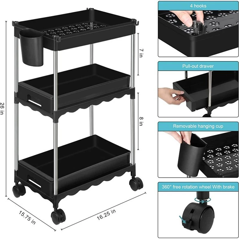 Black 3-Tier Utility Rolling Cart with Sliding Storage Drawer