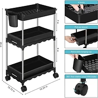 Black 3-Tier Utility Rolling Cart with Sliding Storage Drawer