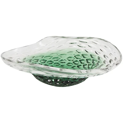 18" Handmade Green Ombre Abstract Wavy Glass Bowl with Bubble Texturing