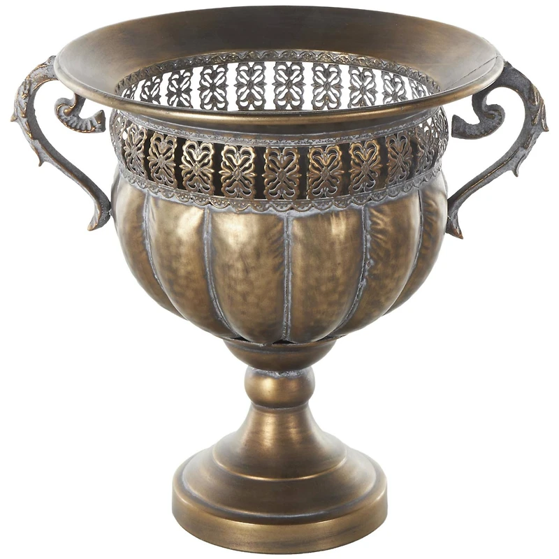 12" Bronze Hammered Urn-Shaped Metal Vase with Cut Out Details