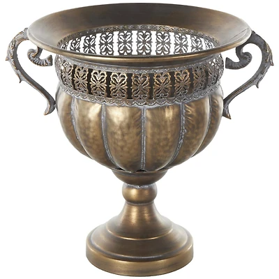 12" Bronze Hammered Urn-Shaped Metal Vase with Cut Out Details