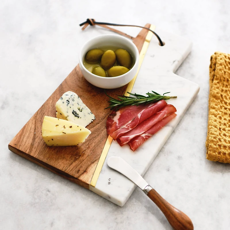 Hello Honey® 12" White and Natural Boho 2-Tone Marble and Acacia Wood Charcuterie or Cutting Board with Brass Inlay and Leather Tie