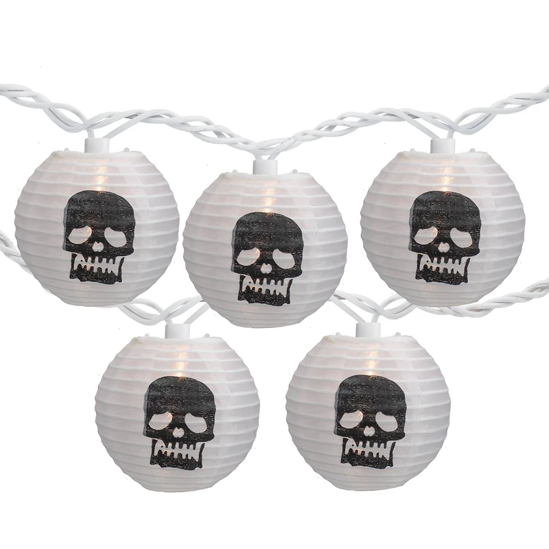 10ct. White & Black Skull Paper Lantern Halloween Lights