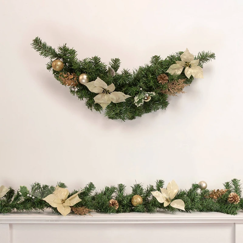 Pre-Decorated Gold Poinsettia Pine Cone & Ball Artificial Garland, Unlit