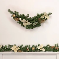 Pre-Decorated Gold Poinsettia Pine Cone & Ball Artificial Garland, Unlit