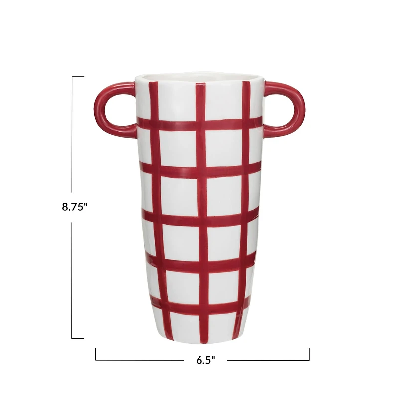 Hello Honey® 8.25" Hand-Painted Red & White Grid Stoneware Container with Handles