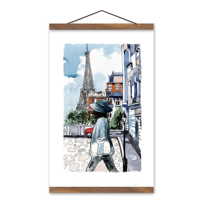 Parisian City Sketch Teak Hanging Canvas