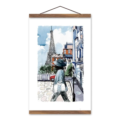 Parisian City Sketch Teak Hanging Canvas