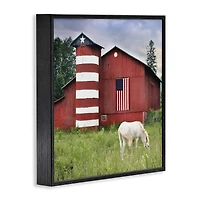 Stupell Industries Grazing White Horse Red Americana Barn Flag Framed Giclee Art