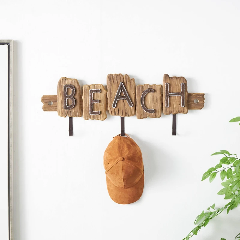 27" x 10" Brown Wood Handmade Live Edge Beach Sign 3 Hanger Wall Hook with Metal Accents
