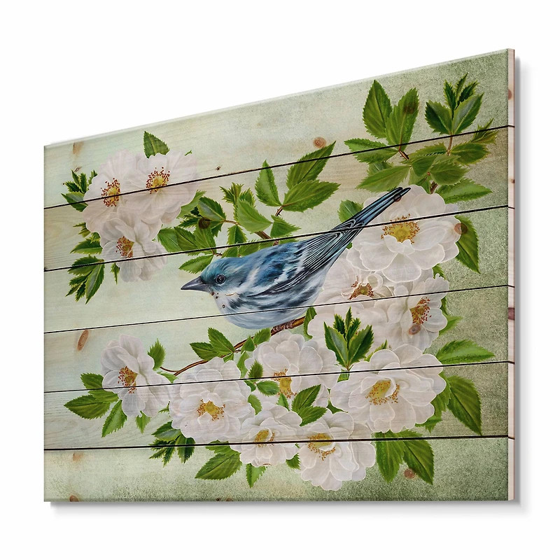 Designart - Little Blue Bird Sitting On A Branch of White Rose