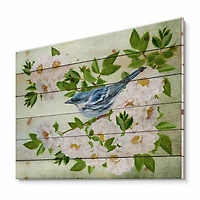 Designart - Little Blue Bird Sitting On A Branch of White Rose