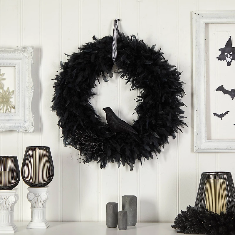 30" Halloween Raven Feather Wreath