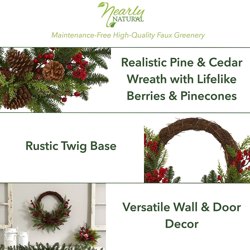 22" Mixed Pine with Berries & Pinecones Wreath