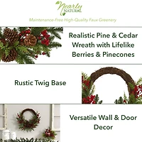 22" Mixed Pine with Berries & Pinecones Wreath