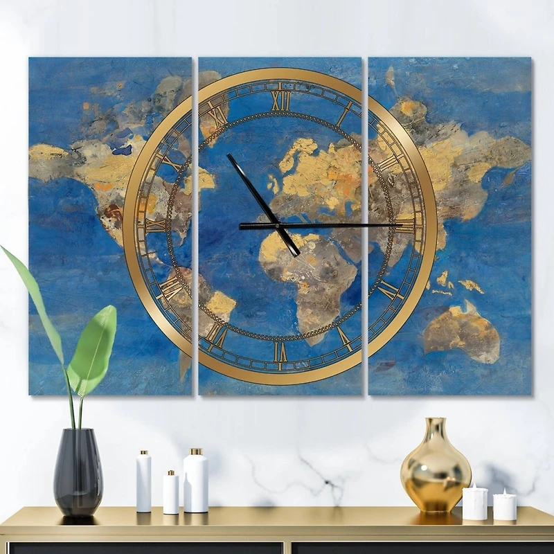 Designart Golden Glam World Map Traditional 3 Panel Wall Clock