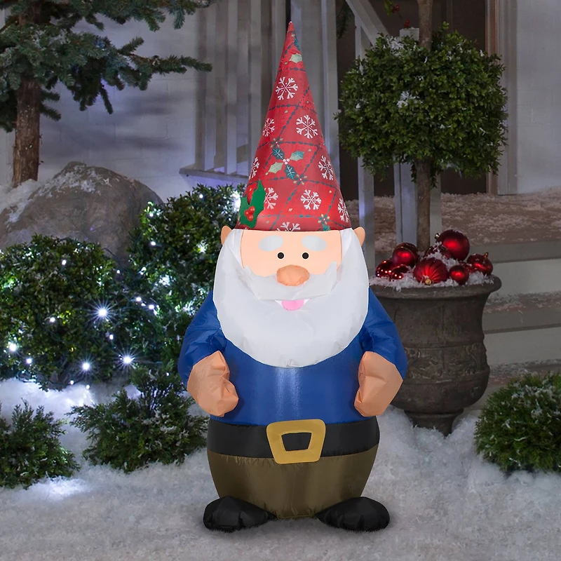 4ft. Airblown® Inflatable Christmas Gnome in Red Damask Hat