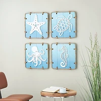 16" x 16" Blue Wooden Sea Life Ombre Wall Decor with Rope Accents Set