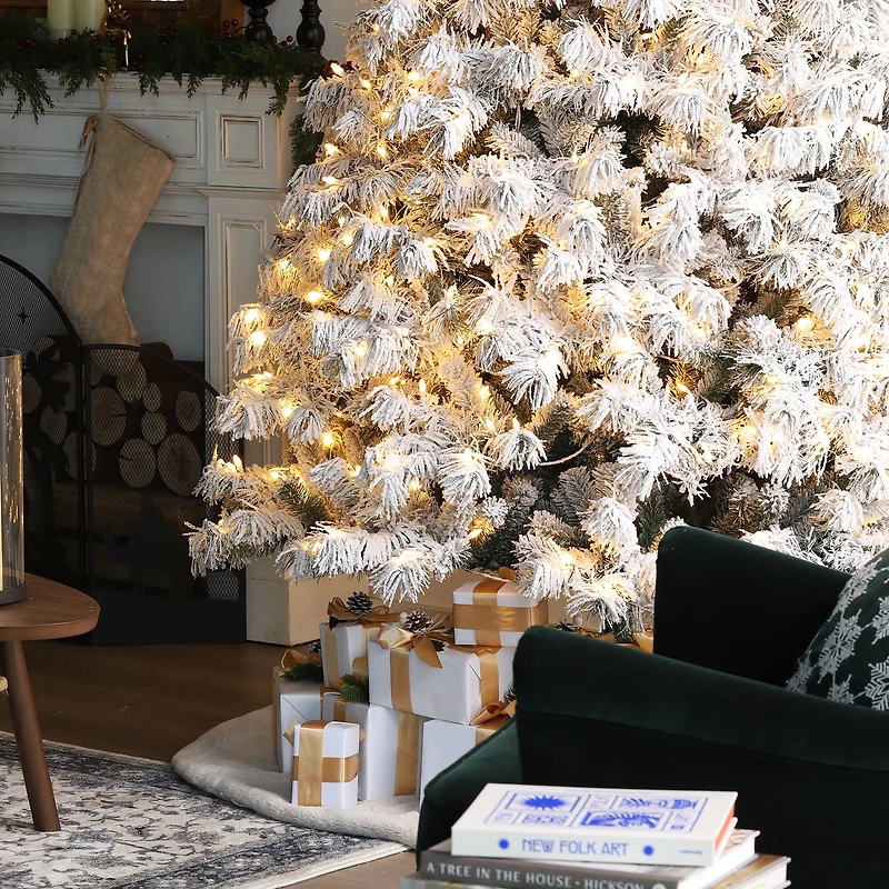 Glitzhome® 9ft Pre-Lit Flocked Full Spruce Artificial Christmas Tree, Warm White LED Lights