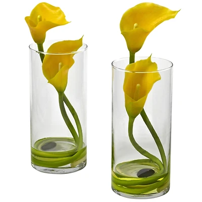 10.5" Yellow Double Calla Lily with Cylinder Vase, 2ct.