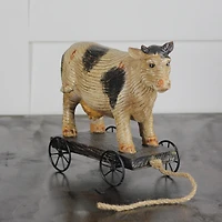 10.25" Black & White Textured Wood Cow on Cart Outdoor Garden Statue
