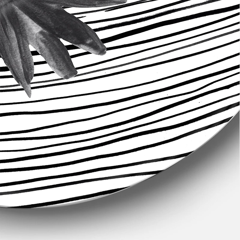 Designart - Black and White Tropical Leaf On Striped II