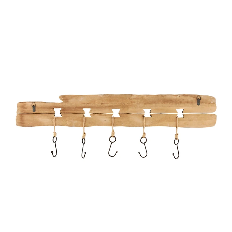 Handmade Whitewashed Brown Wood Live Edge Wall Hook with 5 Fish-Shaped Hangers