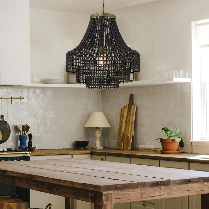 Hello Honey® 23.4" Black Metal, Rattan & Wood Bead Chandelier