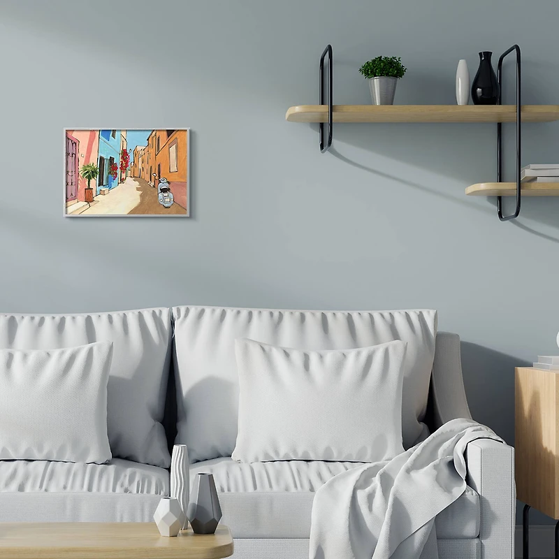 Stupell Industries European Roadside with Blue Street Vespa Wall Art in Gray Frame