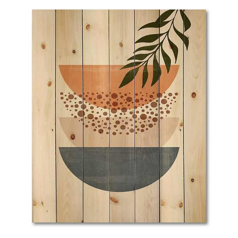 Designart - Abstract Geometrical Sun and Moon With Leaf III - Modern Print on Natural Pine Wood