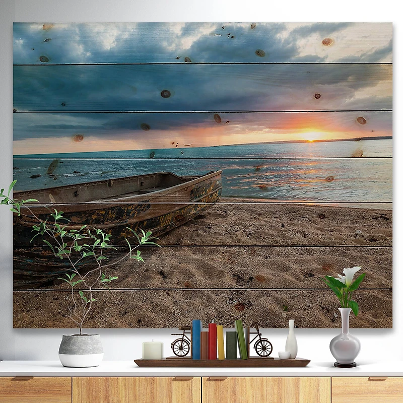 Designart - Rusty Row Boat on Sand at Sunset