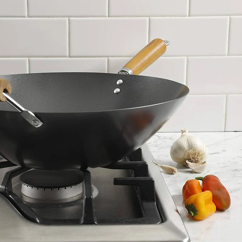 Kenmore® Hammond 14'' Black Flat Bottom Carbon Steel Wok with Wooden Handles