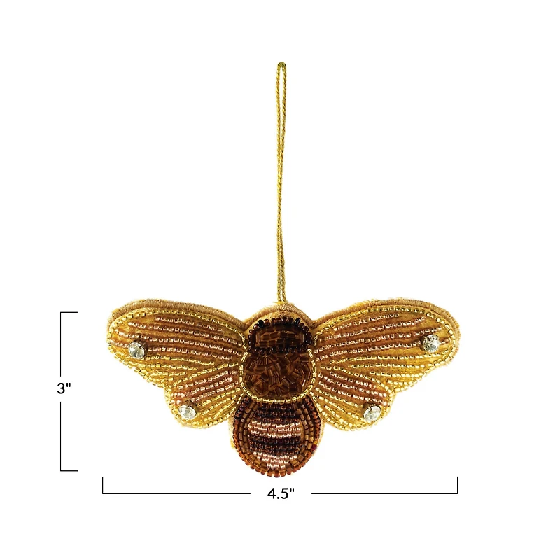 Hello Honey® 4.5" Brown & Gold Beaded Bee Fabric & Glass Ornament