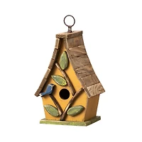 Glitzhome® 9.5" Yellow Distressed Wood Birdhouse with Leaves