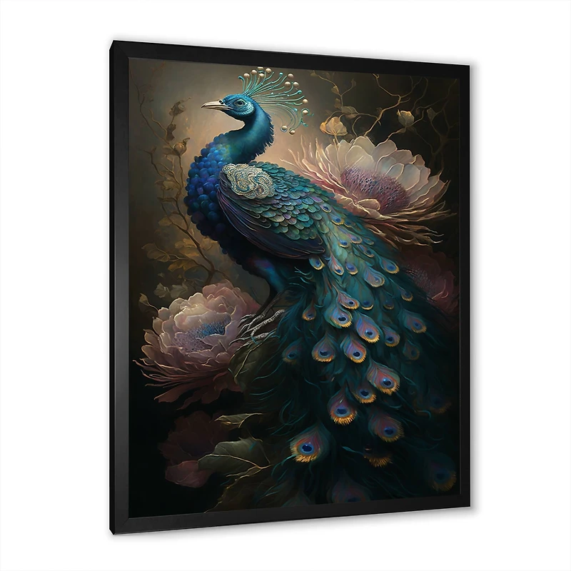Designart 'Peacock With Flowers' Animals Framed Canvas Wall Art