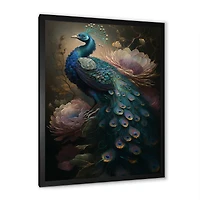 Designart 'Peacock With Flowers' Animals Framed Canvas Wall Art