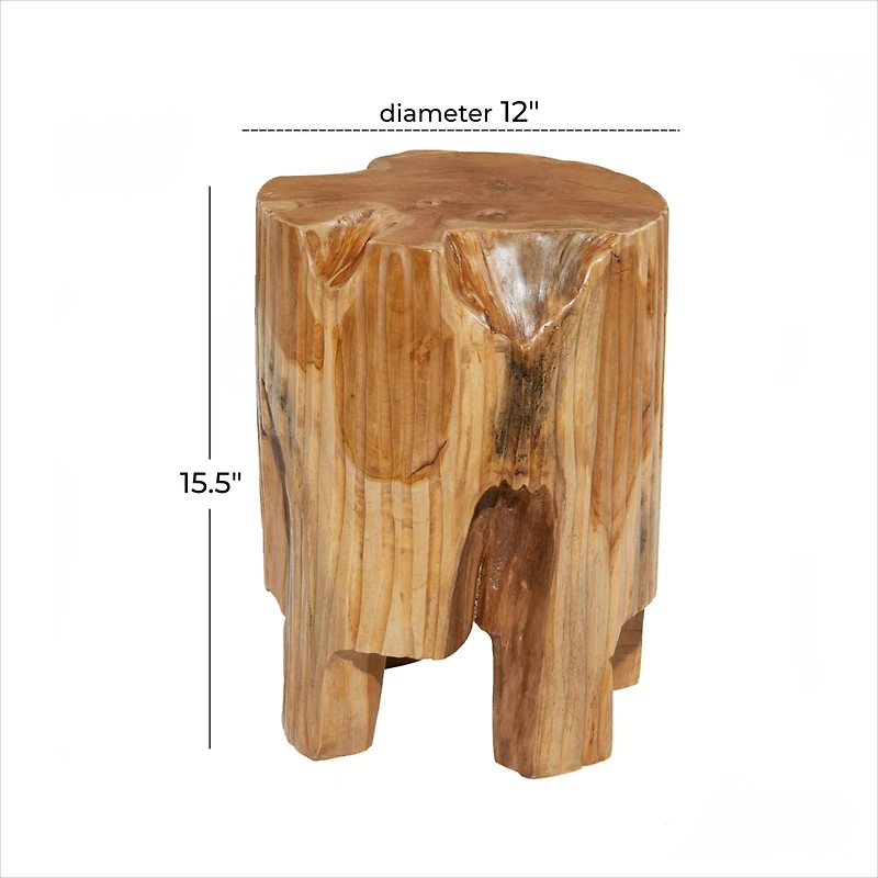 12" Brown Teak Wood Contemporary Stool