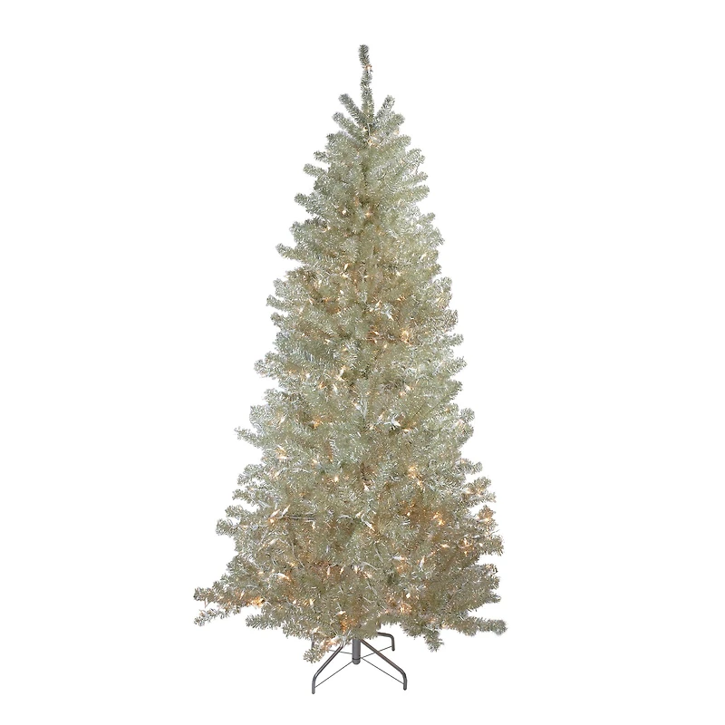 6ft. Pre-Lit Silver Champagne Tinsel Artificial Christmas Tree, Clear Lights