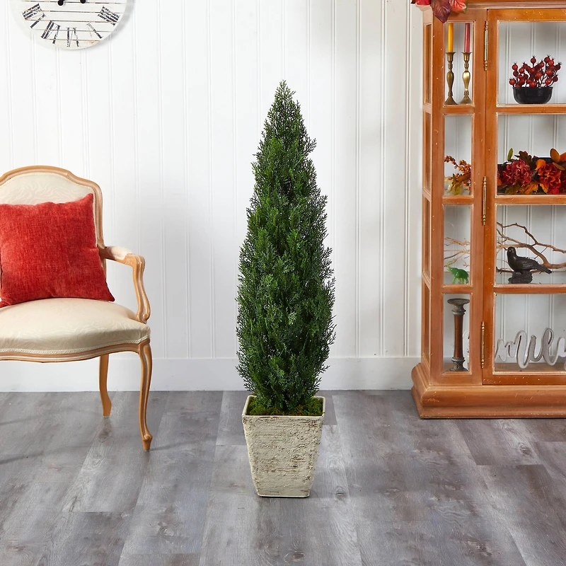 4.5ft. Cedar Artificial Tree in Country White Planter (Indoor/Outdoor)