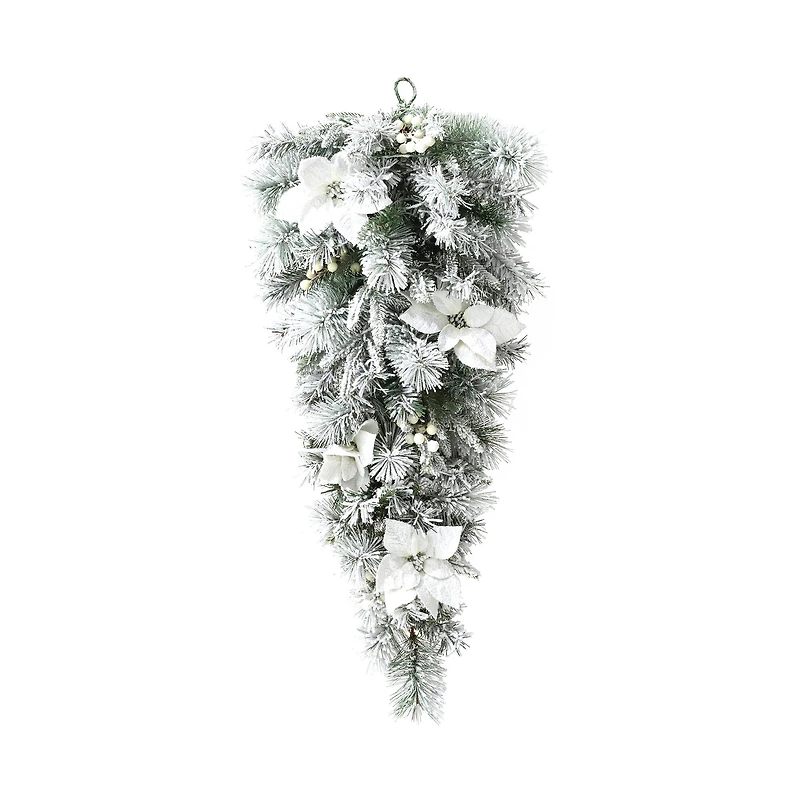 Glitzhome® 36" Pre-Lit Flocked Greenery Pine White Poinsettia & Berry Christmas Teardrop with Timer