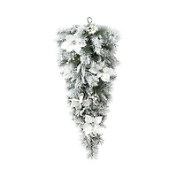 Glitzhome® 36" Pre-Lit Flocked Greenery Pine White Poinsettia & Berry Christmas Teardrop with Timer