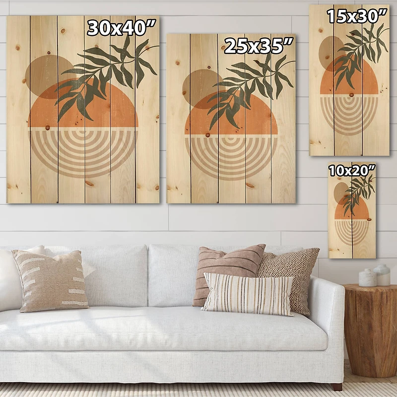 Designart - Abstract Geometrical Sun and Moon With Leaf I - Modern Print on Natural Pine Wood