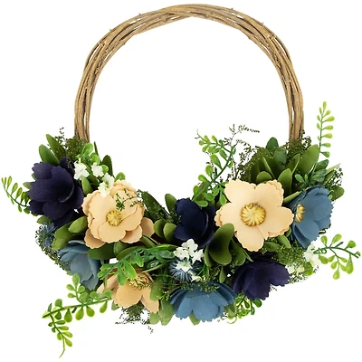 12" Blue & Tan Poppy Floral Wooden Spring Basket Wreath